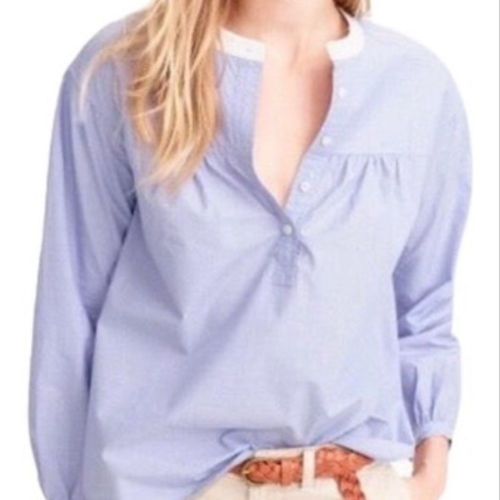 J Crew Gathered Popover in End-on-end Cotton Light Blue